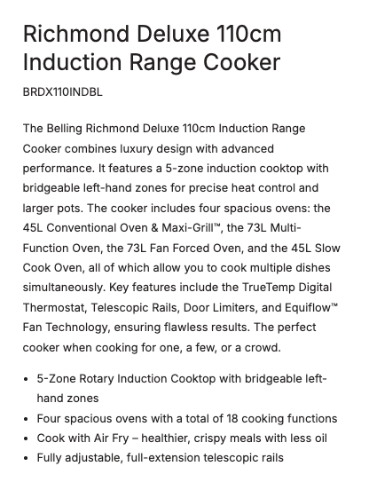Belling 110cm Freestanding Oven with 5 Zone Induction Cooktop Black BRDX110INDBL