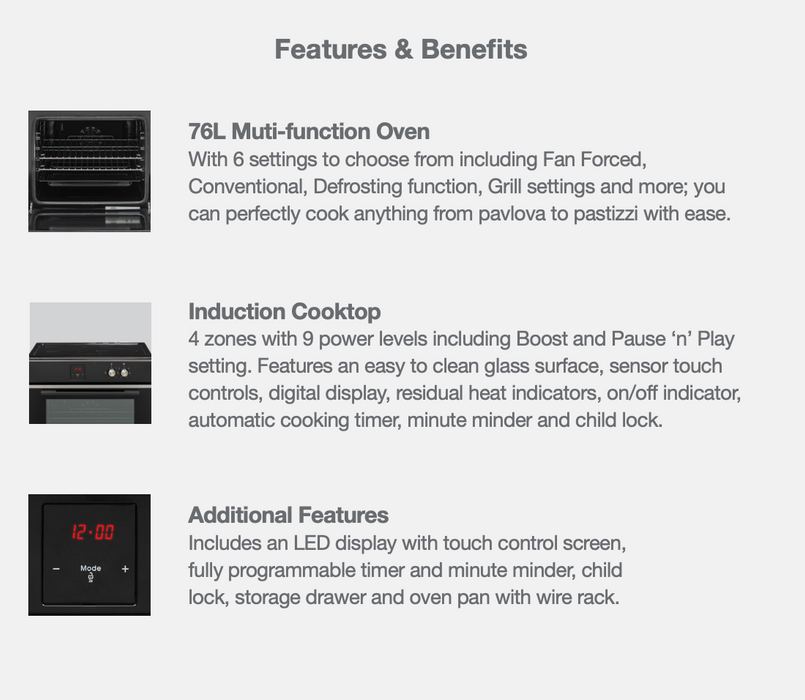 Belling 60CM Freestanding Induction Cooktop and Electric Oven BFS60SCIND