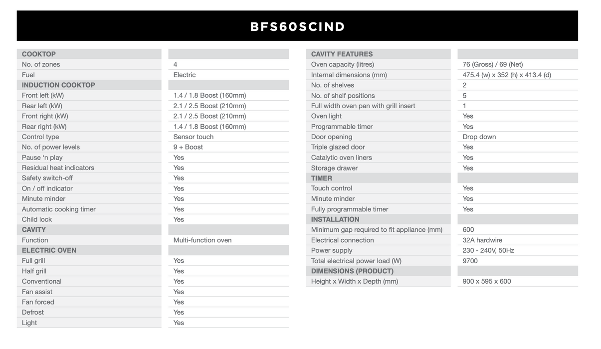 Belling 60CM Freestanding Induction Cooktop and Electric Oven BFS60SCIND