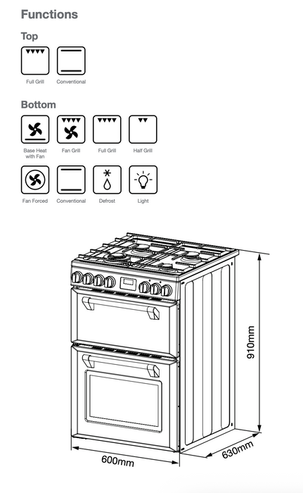 Belling 60cm Dual Fuel Freestanding Oven with 4 Burner Gas Cooktop - Black