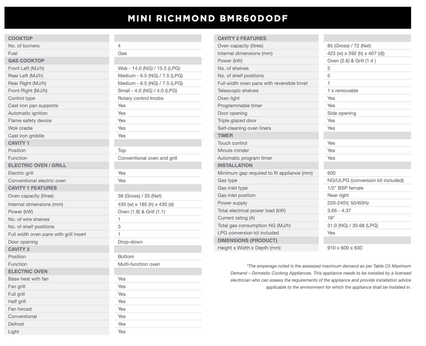 Belling 60cm Dual Fuel Freestanding Oven with 4 Burner Gas Cooktop - Black