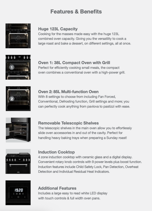 Belling 60cm Freestanding Oven with 4 Zone Induction Cooktop - Black BMR60DOINDB