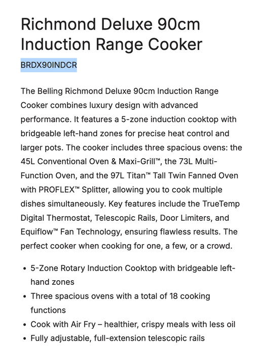 Belling 90cm Freestanding Oven with 5 Zone Induction Cooktop - Cream White