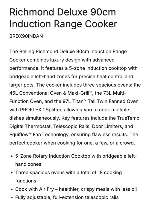 Belling 90cm Freestanding Oven with 5 Zone Induction Cooktop - Grey BRDX90INDAN