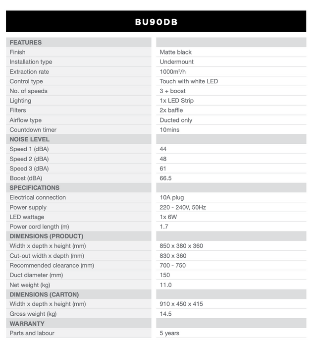 Belling 90cm Undermount Rangehood with Deep Filtration Area BU90DB