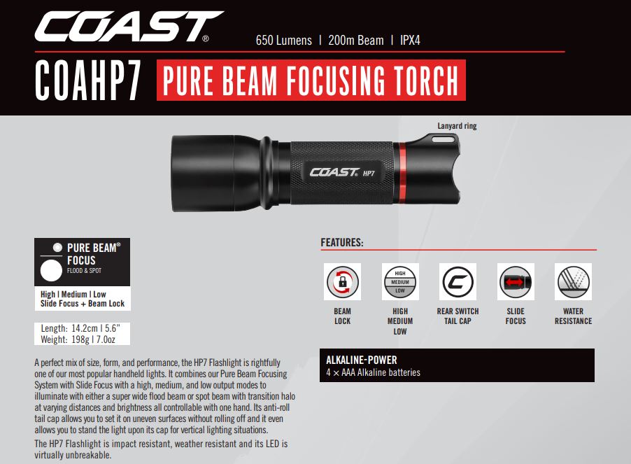 COAST LED High-Power Focusing Torch with Slide Focus. 650 Lumens. IP54 Water & D