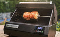 Electric BBQ rotisserie kit cooking pork roast outdoors, digital temperature display visible