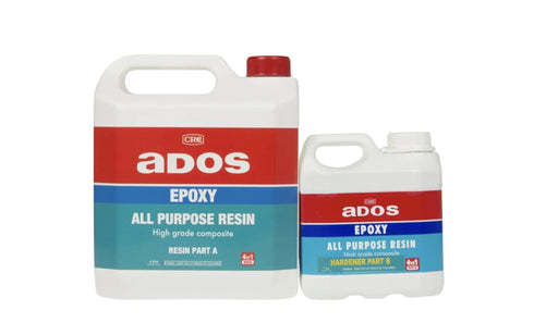 Two containers of CRC ados epoxy all purpose resin, Part A and Part B, on white background