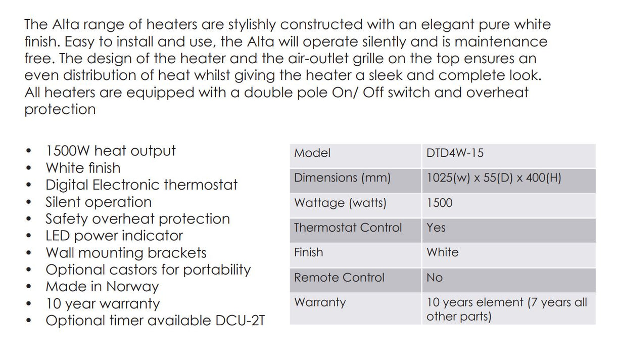 Dimplex 1.5KW 1500W Alta Top Outlet Panel Heater DTD4W-15