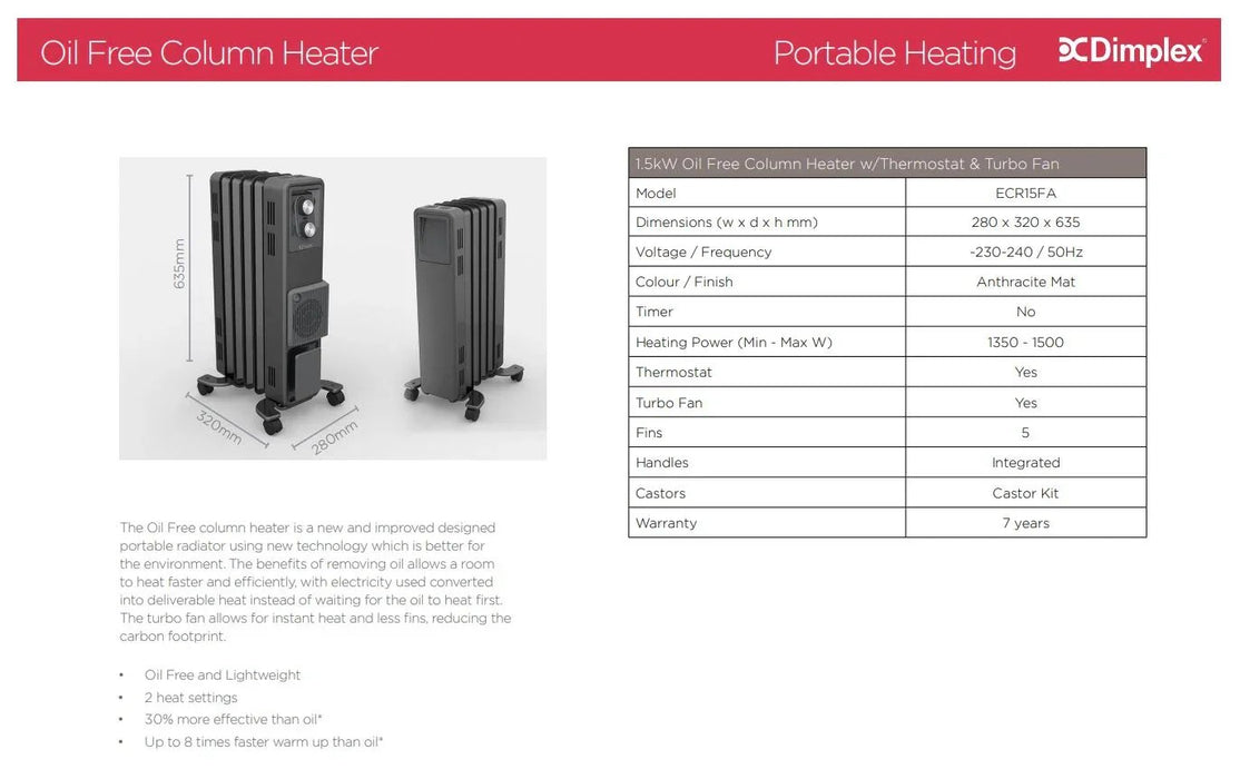 Dimplex 1.5kW Oil Free Column Heater with Thermostat & Turbo Fan ECR15FA - LX2001 - Homewares, Outdoor, Phone Accessories, Cases, Speakers, Headphones + More -
