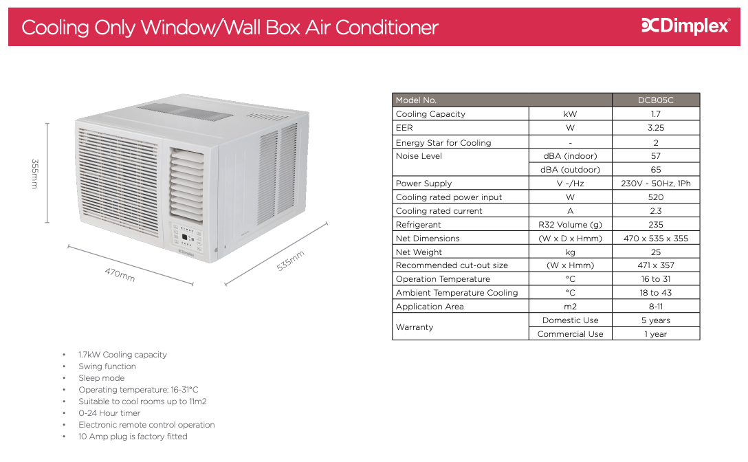 Dimplex 1.7kW Window / Wall Box Air Conditioner Con DCB05C - Cooling only