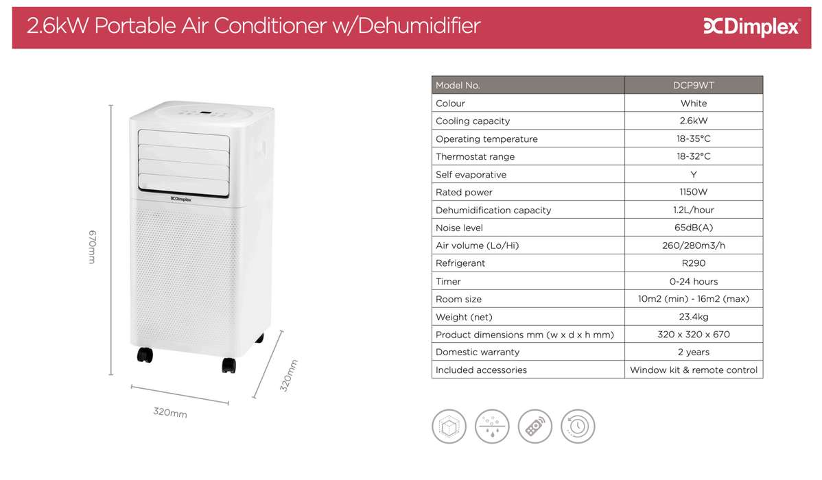 Dimplex Dehumidifier + 2.6kW Portable Air Conditioner Heater Hot Cooler Fan
