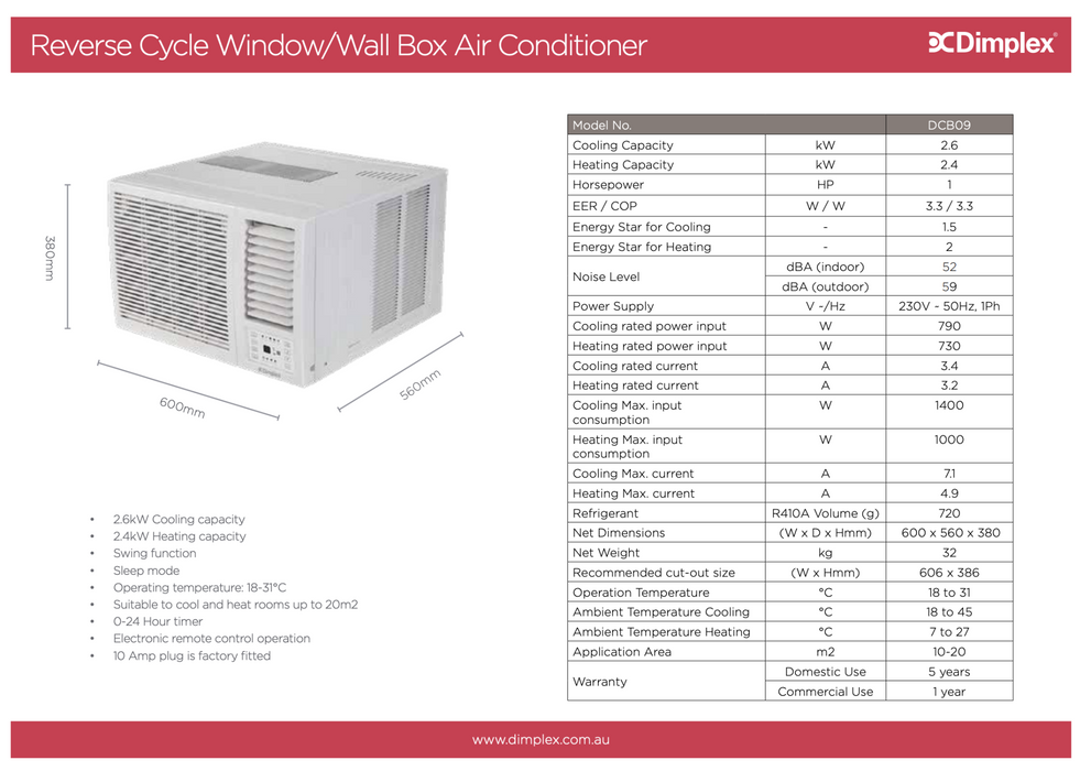 Dimplex DCB09 2.6kW Reverse Cycle Window/Wall Box Air Conditioner Air Con Heater