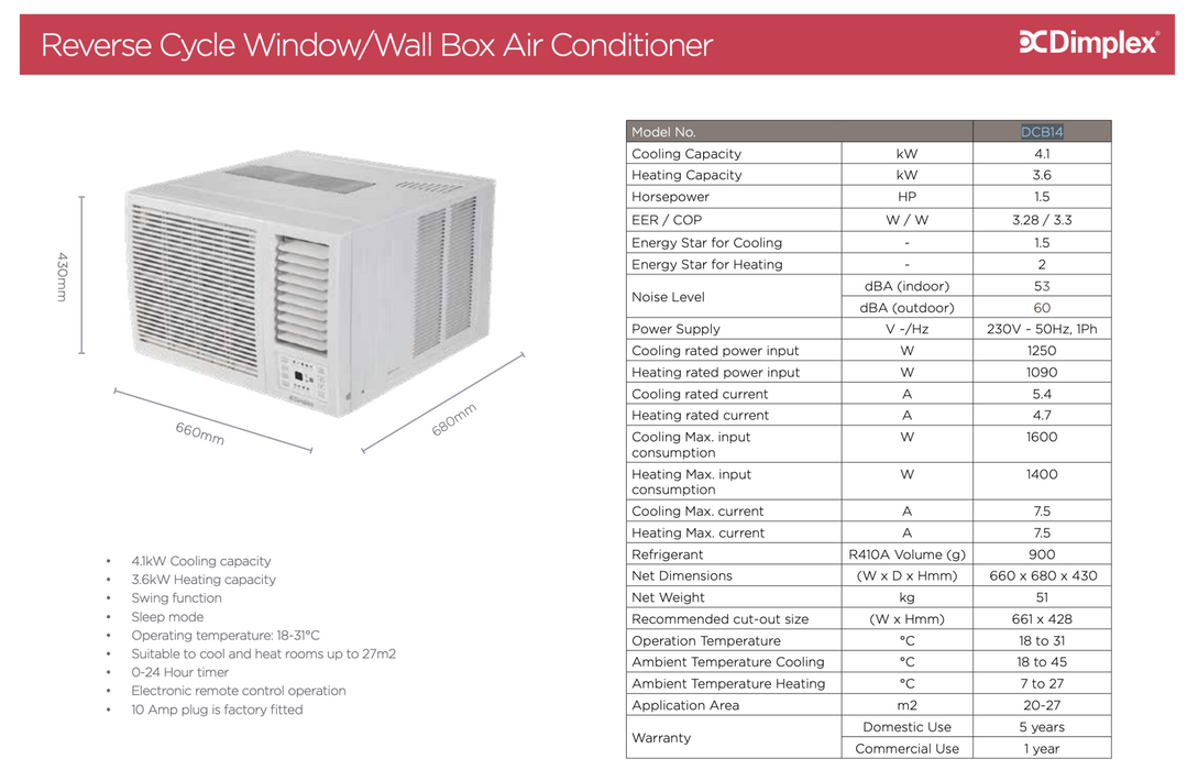 Dimplex DCB14 4.2kW Reverse Cycle Window/Wall Box Air Conditioner Heater Cooler