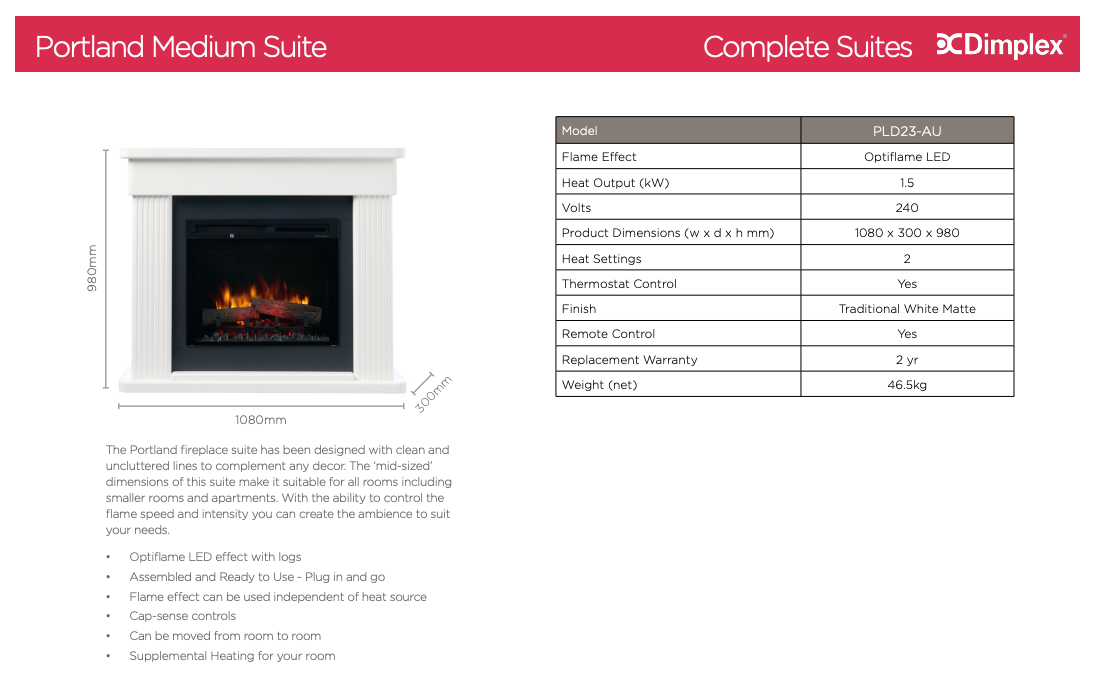 Dimplex Portland 1.5kW Medium Electric Fireplace Fire Suite