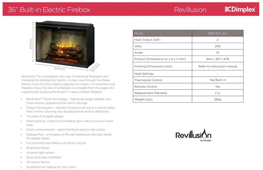 Dimplex Revillusion 36" Electric Firebox Fireplace RBF36C-AU - LX2001 - Homewares, Outdoor, Phone Accessories, Cases, Speakers, Headphones + More -