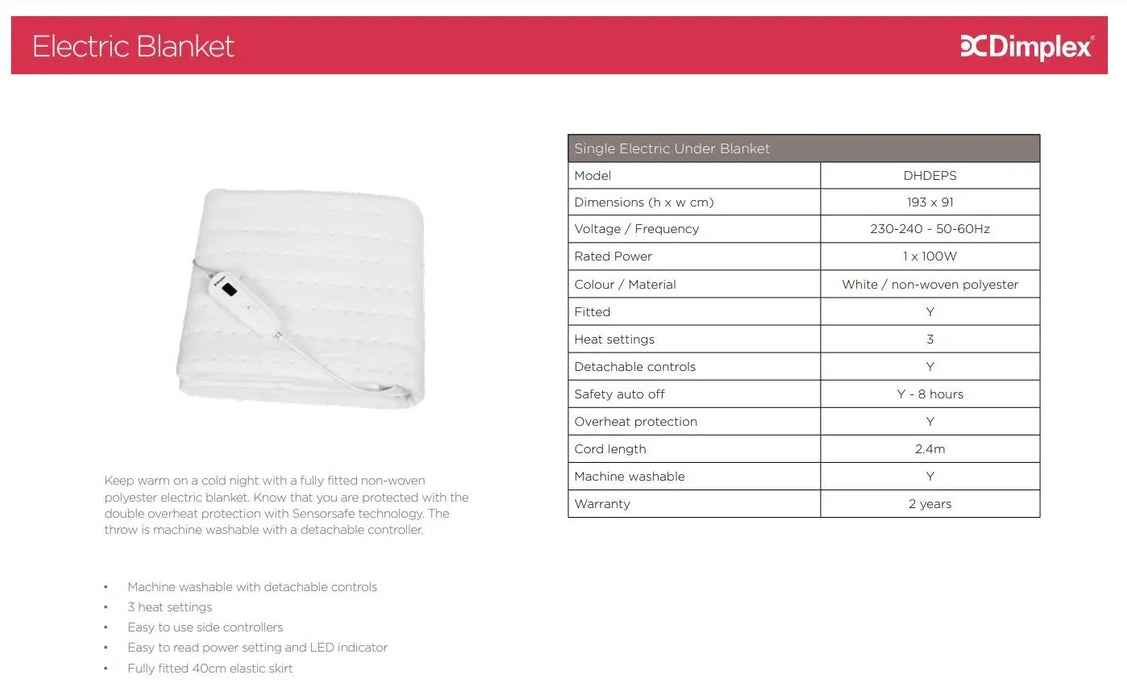 Dimplex Single Fitted Electric Blanket DHDEPS - LX2001 - Homewares, Outdoor, Phone Accessories, Cases, Speakers, Headphones + More -