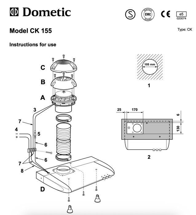 Dometic Ck155 12V RangeHood 2-Speed Surface Mount for RV Campervan