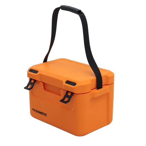 Heavy-duty orange portable cooler box with black strap and secure latches, ideal for outdoor use