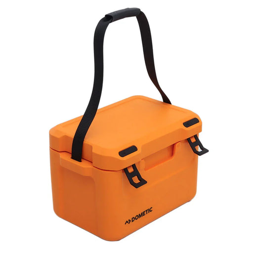 Yellow heavy-duty rotomolded chilly bin with black strap and secure latches on white background