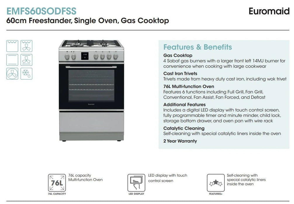 Euromaid Freestanding 60cm Gas Cooktop Electric Oven - LX2001 - Homewares, Outdoor, Phone Accessories, Cases, Speakers, Headphones + More -