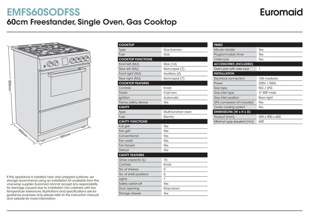 Euromaid Freestanding 60cm Gas Cooktop Electric Oven - LX2001 - Homewares, Outdoor, Phone Accessories, Cases, Speakers, Headphones + More -