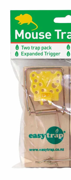 Wooden mouse trap two pack with yellow expanded trigger in retail packaging