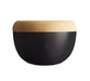 Deep black ceramic storage bowl with light cork lid, minimalist kitchenware design