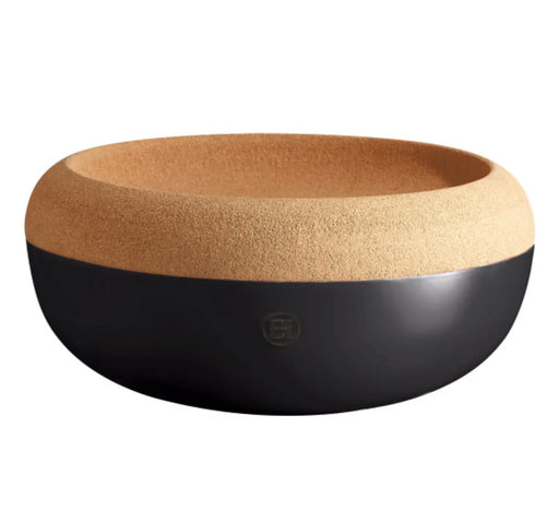 Large ceramic and cork storage bowl in black and tan, modern kitchen container