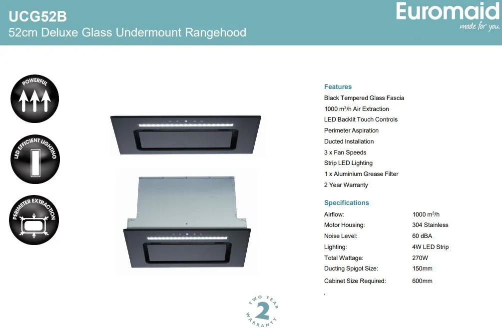 Euromaid 52cm Undermount Rangehood, Black Glass - LX2001 - Homewares, Outdoor, Phone Accessories, Cases, Speakers, Headphones + More -