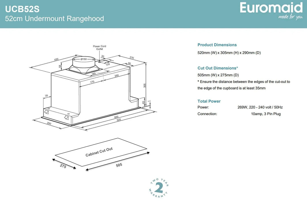 Euromaid 52cm Undermount Rangehood, Stainless Steel - LX2001 - Homewares, Outdoor, Phone Accessories, Cases, Speakers, Headphones + More -