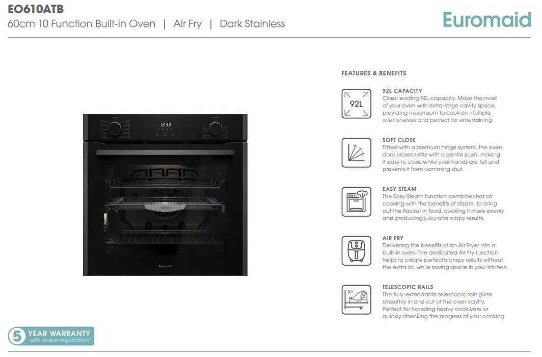 Euromaid 60cm 10 Function Built-in Oven with Air Fry, Dark Stainless - LX2001 - Homewares, Outdoor, Phone Accessories, Cases, Speakers, Headphones + More -