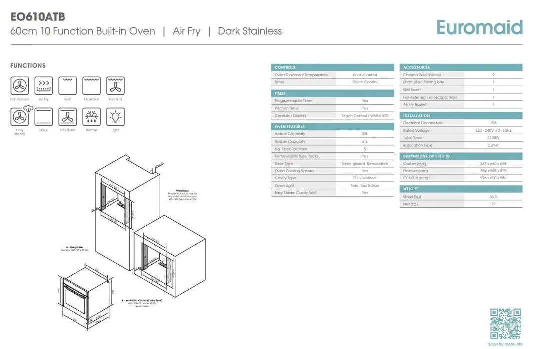 Euromaid 60cm 10 Function Built-in Oven with Air Fry, Dark Stainless - LX2001 - Homewares, Outdoor, Phone Accessories, Cases, Speakers, Headphones + More -