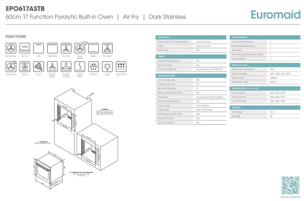 Euromaid 60cm 17 Function Built-in Oven with Pyro and Air Fry, Dark Stainless - LX2001 - Homewares, Outdoor, Phone Accessories, Cases, Speakers, Headphones + More -