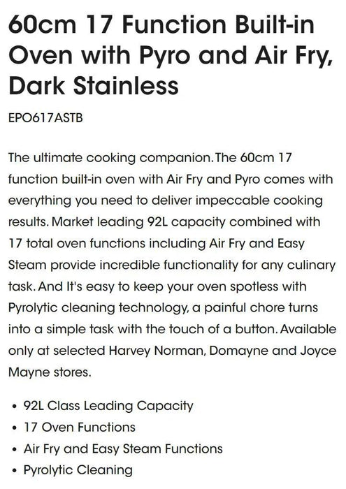 Euromaid 60cm 17 Function Built-in Oven with Pyro and Air Fry, Dark Stainless - LX2001 - Homewares, Outdoor, Phone Accessories, Cases, Speakers, Headphones + More -