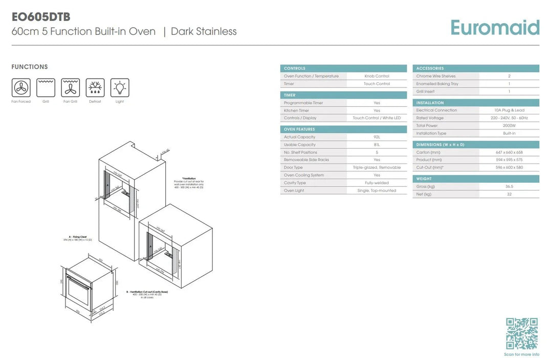 Euromaid 60cm 5 Function Built-in Oven, Dark Stainless - LX2001 - Homewares, Outdoor, Phone Accessories, Cases, Speakers, Headphones + More -