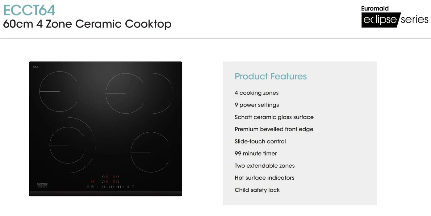 Euromaid 60cm Ceramic Cooktop with 4 Zones and Slide Touch Control Black ECCT64 - LX2001 - Homewares, Outdoor, Phone Accessories, Cases, Speakers, Headphones + More -