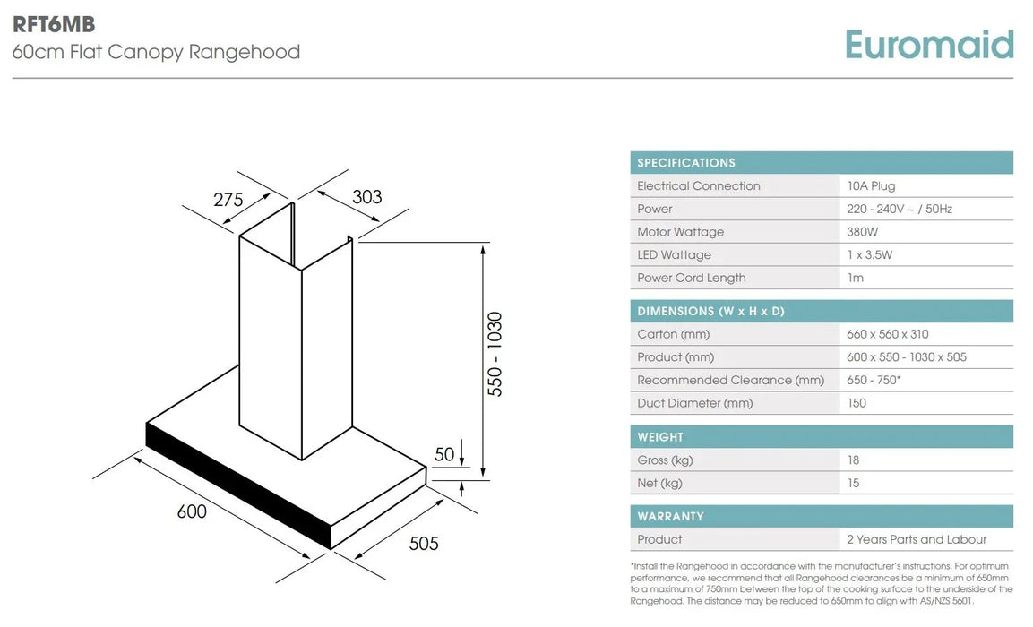 Euromaid 60cm Deluxe Flat Canopy Rangehood, Matte Black - LX2001 - Homewares, Outdoor, Phone Accessories, Cases, Speakers, Headphones + More -
