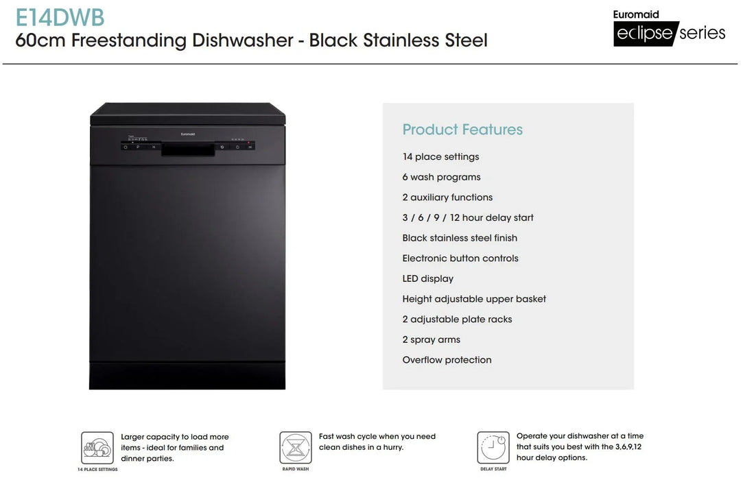 Euromaid 60cm Freestanding Dishwasher With 14 Place Settings - White E14DWW - LX2001 - Homewares, Outdoor, Phone Accessories, Cases, Speakers, Headphones + More -