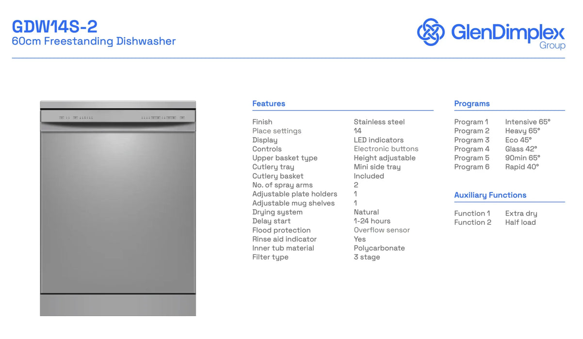 Euromaid 60cm Freestanding Dishwasher with 14 Place Settings GDW14S-2 - LX2001 - Homewares, Outdoor, Phone Accessories, Cases, Speakers, Headphones + More -