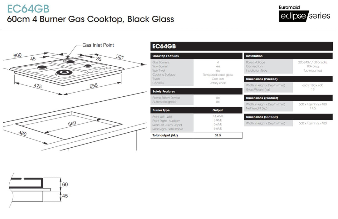 Euromaid 60cm Gas WOK Cooktop with 4 Burners, Black Glass  EC64GB