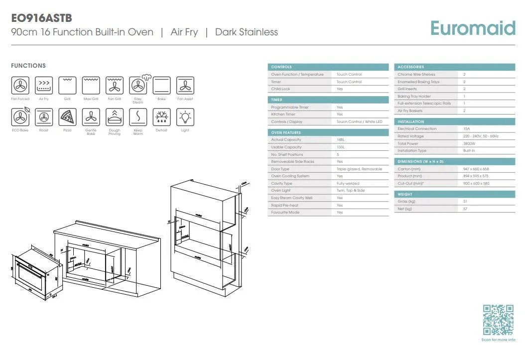 Euromaid 900mm 16-Function Built-in Oven with Air Fry - Dark Stainless - LX2001 - Homewares, Outdoor, Phone Accessories, Cases, Speakers, Headphones + More -