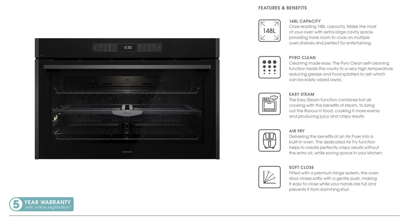 Euromaid 90cm 17 Function Built-in Oven with Pyro and Air Fry, Dark Stainless - LX2001 - Homewares, Outdoor, Phone Accessories, Cases, Speakers, Headphones + More -