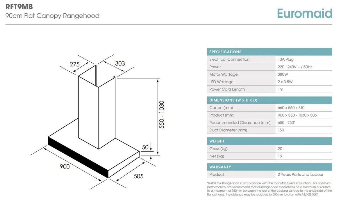 Euromaid 90cm Deluxe Flat Canopy Rangehood, Matte Black - LX2001 - Homewares, Outdoor, Phone Accessories, Cases, Speakers, Headphones + More -