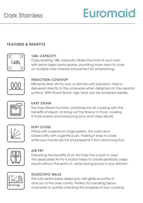 Euromaid 90cm Freestanding with Induction Cooktop - Dark Stainless Steel EFS9010AINDB - LX2001 - Homewares, Outdoor, Phone Accessories, Cases, Speakers, Headphones + More -