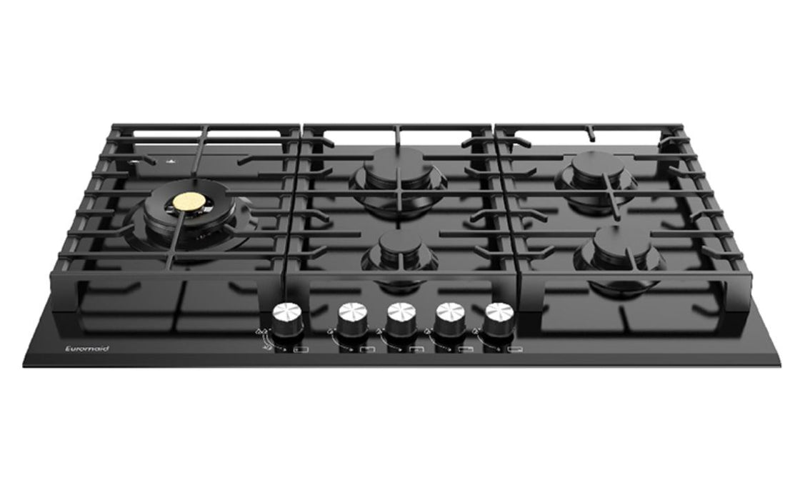Euromaid 90cm Gas Cooktop With 5 Burners - Black Glass EC95GLB