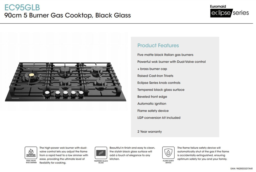 Euromaid 90cm Gas Cooktop With 5 Burners - Black Glass EC95GLB