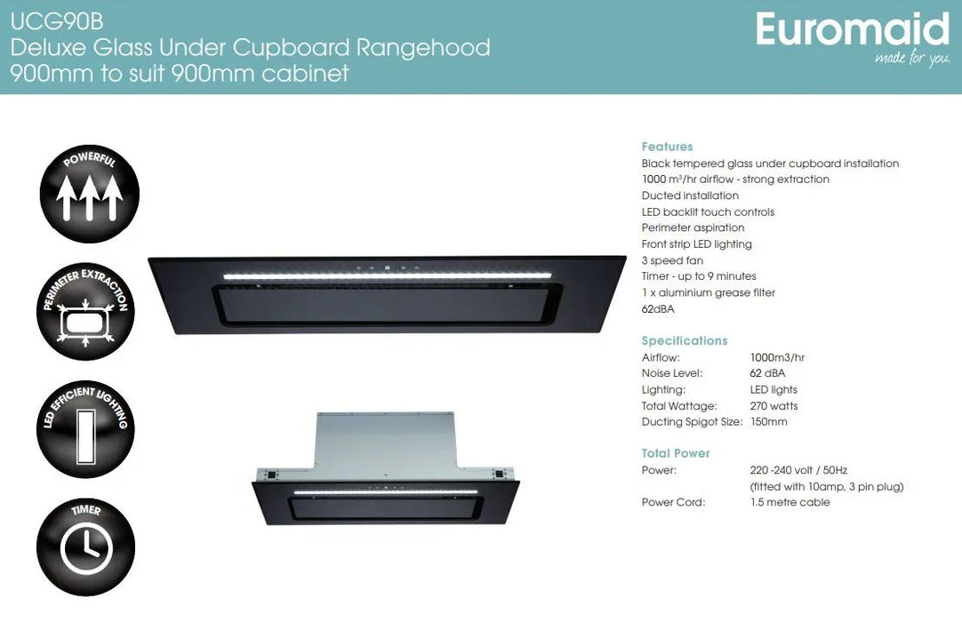 Euromaid 90cm Undermount Rangehood, Black Glass - LX2001 - Homewares, Outdoor, Phone Accessories, Cases, Speakers, Headphones + More -