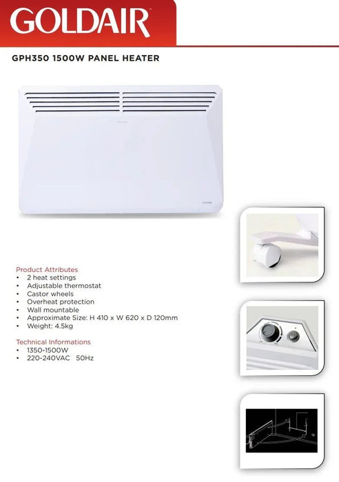 Goldair 1500W Mechanical Panel Heater GPH350 9420014231657 - LX2001 - Homewares, Outdoor, Phone Accessories, Cases, Speakers, Headphones + More -