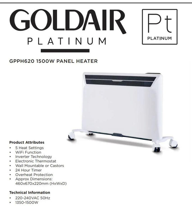 Goldair Pt Platinum 1500W Inverter Panel Heater with WiFi GPPH620 9420014237161 - LX2001 - Homewares, Outdoor, Phone Accessories, Cases, Speakers, Headphones + More -